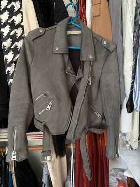 Zara Gray Suede Biker Jacket with Belt